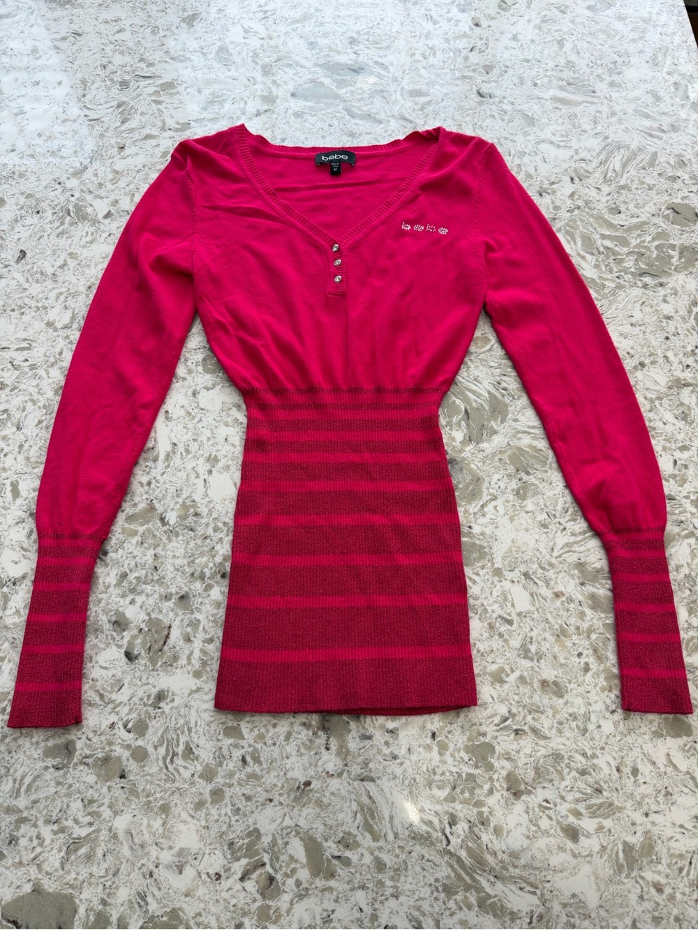 bebe Bright Fuchsia V-Neck Knit Top